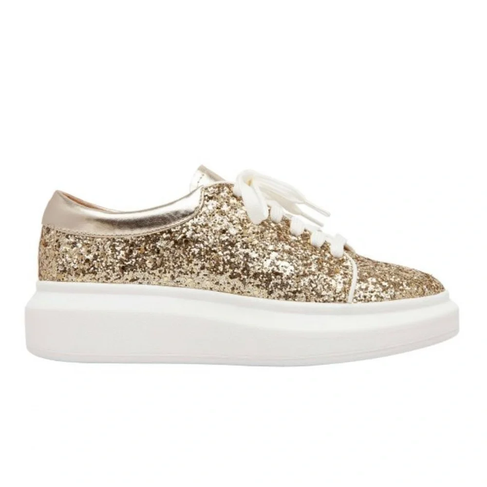 Línea Paola Kelsey Playful Lace-Up Platform Tennis Shoes PU Gold Glitter - Picture 2 of 16